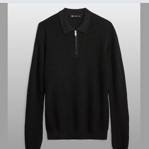 Black merino half zipped wool blend polo sweater NWT